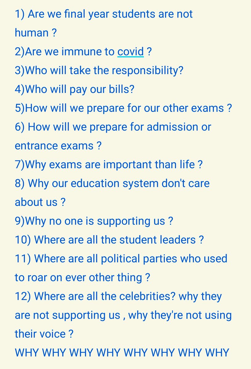Prashant_change's tweet photo. Why do we realize late?Why do we need Sushant to realize about depression and George Floyd to realize racism exists?So we hope ths time the death of children isn't needed to realize that student lives matter, Are WE FINAL YEAR students are immune to covid?
#FINALYEARBOYCOTTEXAMS https://t.co/Hf6cSK3zrM