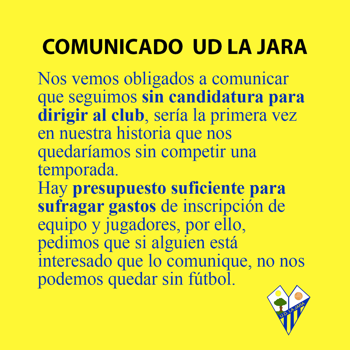 UDLaJara's tweet photo. 📣 COMUNICADO | Situación actual de la Unión Deportiva La Jara. https://t.co/M7eqBFxMQU