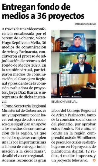 🔴📰Compartimos nota publicada en diario <a href="/EstrelladeArica/">Estrella de Arica</a> respecto a finalización y adjudicación de recursos de forma virtual de #FondoMedios2020 en #AricaParinacota
#CuidémonosEntreTodos