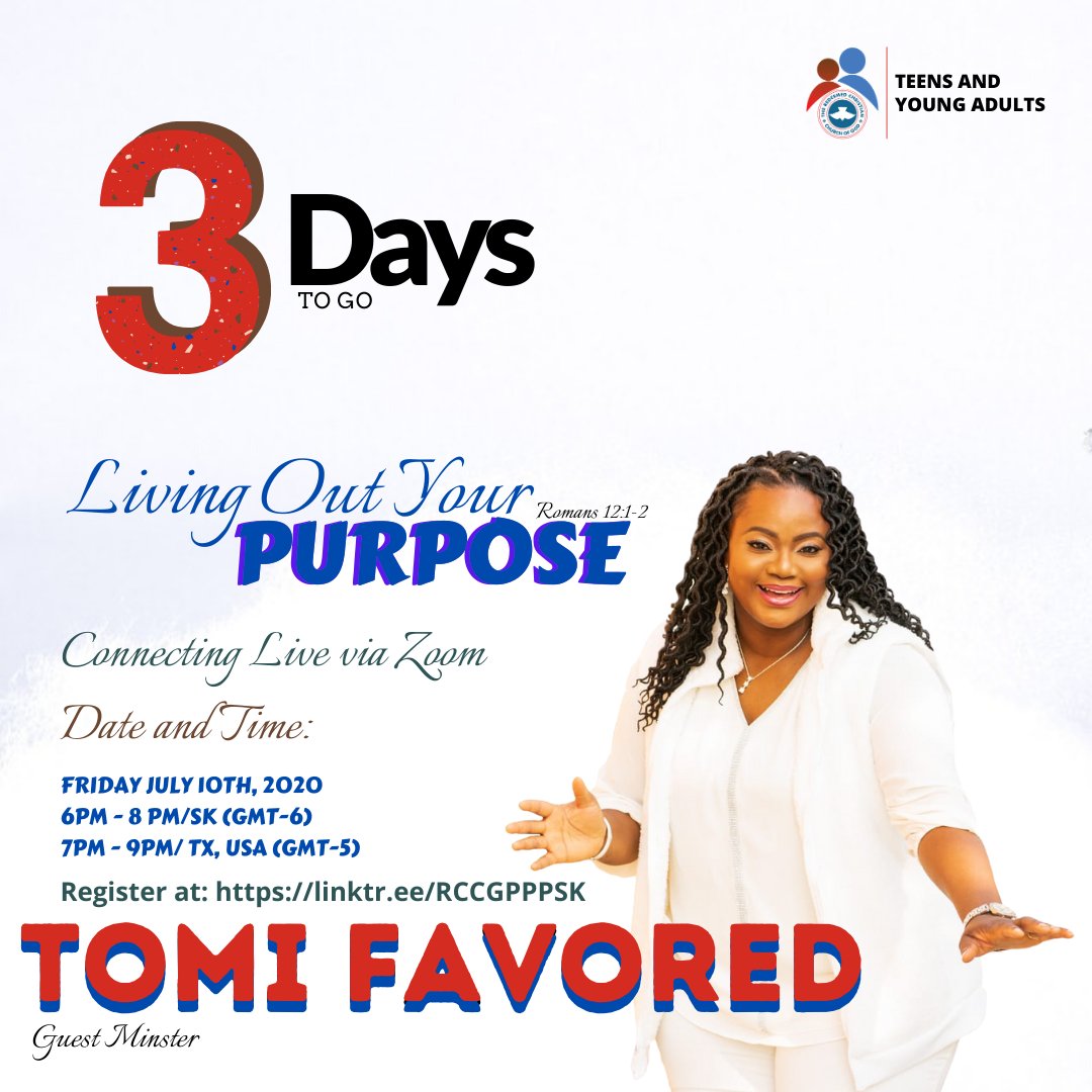rccgpnsk's tweet photo. 3 DAYS TO GO🙌🙌
Teens and Young Adult: There will be a virtual gathering on Zoom tagged Living Out Your Purpose with Tomi Favored Music @tomifavored
Date: Friday July 10th 2020
Save the Date. Registration is free
https://t.co/KRA42jbeyF
#RCCGPPP #PeculiarNation https://t.co/lOsoFsQQl6