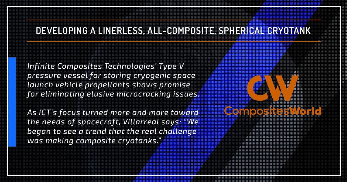 Infinite_C_T's tweet photo. Developing a linerless, all-composite, spherical cryotank: https://t.co/qZevxymyO8 @CompositesWrld 

@Infinite_C_T Type V #pressurevessel for storing #cryogenic #space #launch #vehicle propellants shows promise for eliminating elusive microcracking issues.

#satellite #tech https://t.co/ff2Z2TwwFN