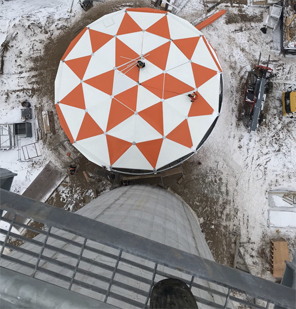 Greatario's tweet photo. Interesting project completed in @BrantCommunity. It's patterned because the #tank and #tower are adjacent to an airport! The tank sits on a #concrete pedestal, requires only #predictivemaintenance over it's lifetime and NEVER needs #repainting. #geodesicdome https://t.co/K058ygIEEQ