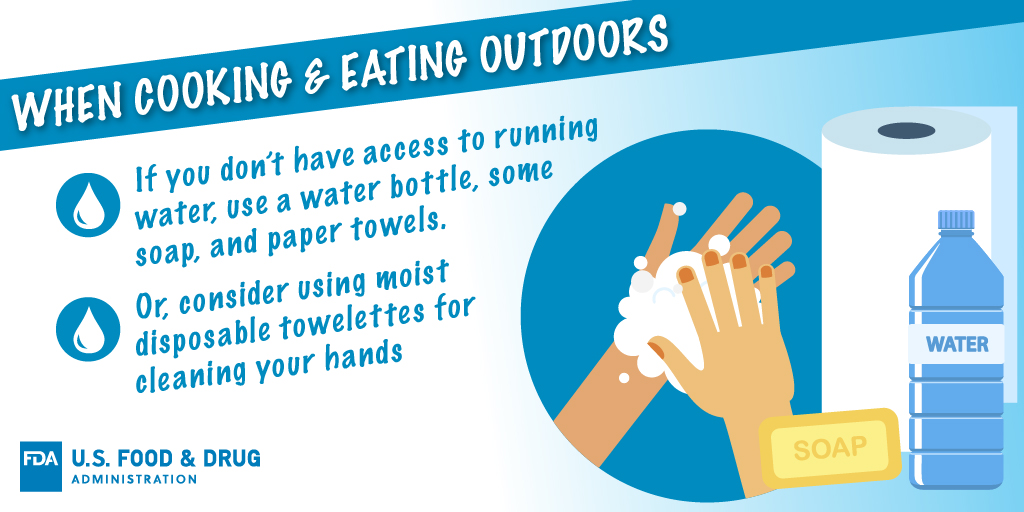 If your picnic site doesn’t offer clean water access, bring water, hand sanitizer, or pack moist towels for cleaning surfaces and hands. go.usa.gov/xwfMa #FoodSafety #WashYourHands