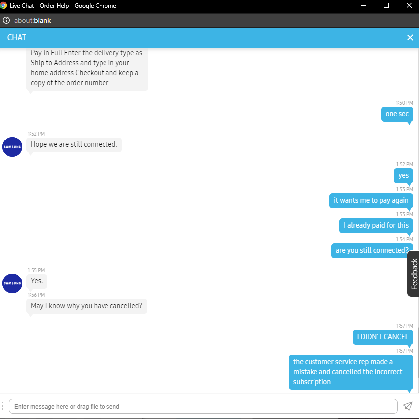 Buddyboy2006's tweet photo. @SamsungSupport  I have been trying continuously to get support from Samsung for a customer service rep accidentally removing premium care from my device. No one at Samsung seems to have the ability to help me after 5+ hours of being transferred around. CS chat just ends chat. https://t.co/1lLL8M3xJw