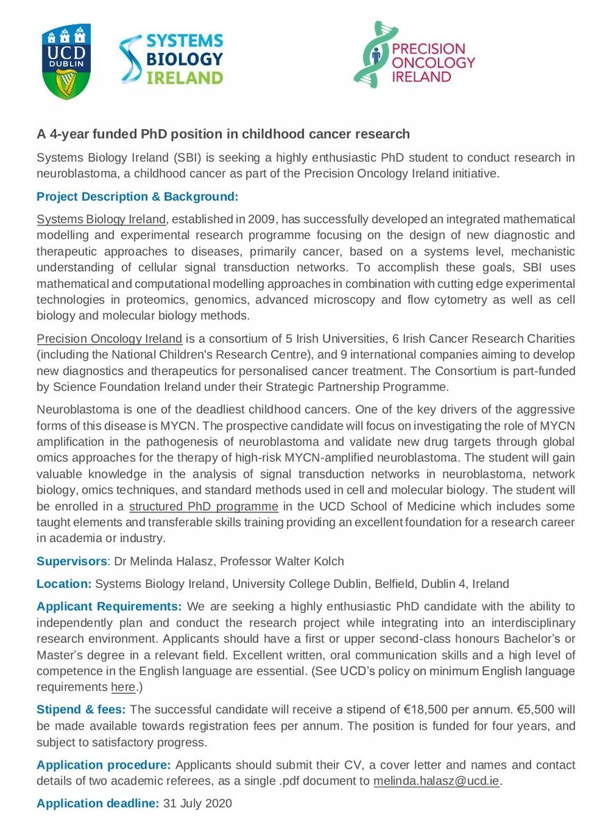 Melinda Halasz (@melihalasz) on Twitter photo A PhD position in neuroblastoma research is available at <a href="/sysbioire/">Systems Biology Ire</a> <a href="/UCDMedicine/">UCD Medicine</a> <a href="/ucddublin/">University College Dublin</a>. Details below, deadline: 31st July. <a href="/PrecisionOncIre/">Precision Oncology Ireland</a> <a href="/ucdscience/">UCD Science</a> #PhD #PhDposition #AcademicTwitter A PhD position in neuroblastoma research is available at <a href="/sysbioire/">Systems Biology Ire</a> <a href="/UCDMedicine/">UCD Medicine</a> <a href="/ucddublin/">University College Dublin</a>. Details below, deadline: 31st July. <a href="/PrecisionOncIre/">Precision Oncology Ireland</a> <a href="/ucdscience/">UCD Science</a> #PhD #PhDposition #AcademicTwitter