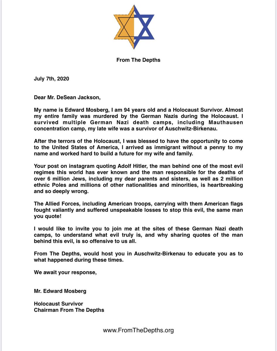 MrJonnyDaniels's tweet photo. Powerful invite of Holocaust Survivor Edward Mosberg to @DeSeanJackson10 inviting him to visit Auschwitz, after his disgraceful post quoting Hitler. https://t.co/nqEtxwDlni
