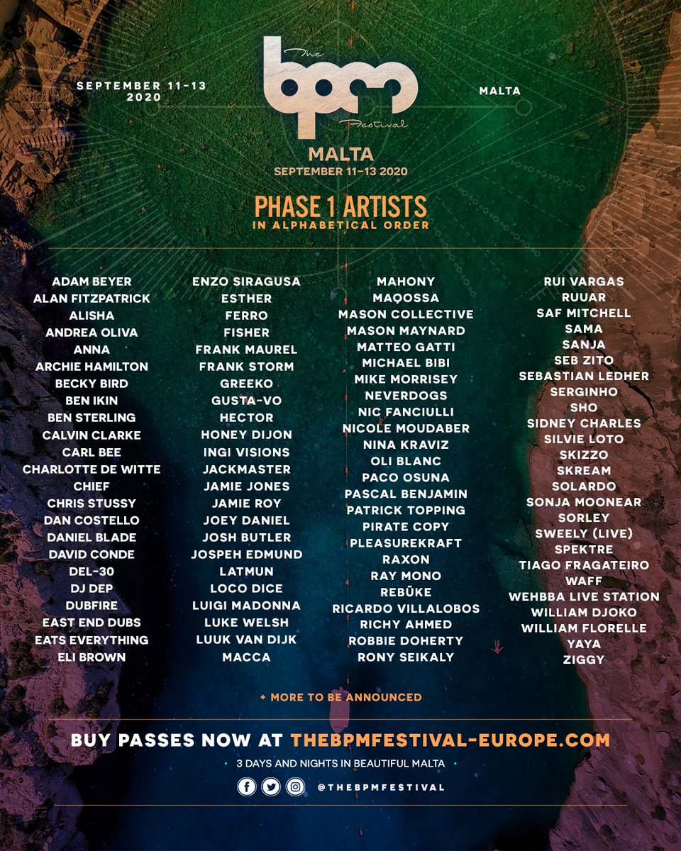 TheBPMFestival's tweet photo. 🇲🇹 First phase artists for #BPMMalta revealed 🇲🇹
 
We’ll be joined on the island by @realAdamBeyer, @CharlottedeWitte, @HONEYDIJON , @JamieJonesMusic, @NEVERDOGS, @NinaKraviz, Ricardo Villalobos + more.

Tier 1 passes running low, act fast to secure yours

https://t.co/WlX2g7lGZT https://t.co/S4TAvm3jzj