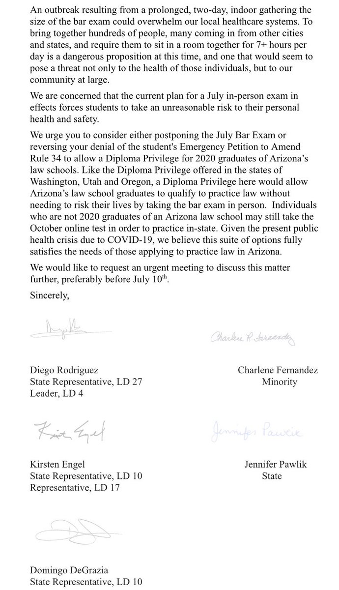 With #COVID19 cases and deaths spiking, Democratic members of the House Judiciary Committee and Leader <a href="/CharleneforAZ/">Charlene Fernandez</a> today raised concerns about <a href="/AZCourts/">Arizona Supreme Court ⚖️</a> holding an in-person July Bar exam for 650 students.