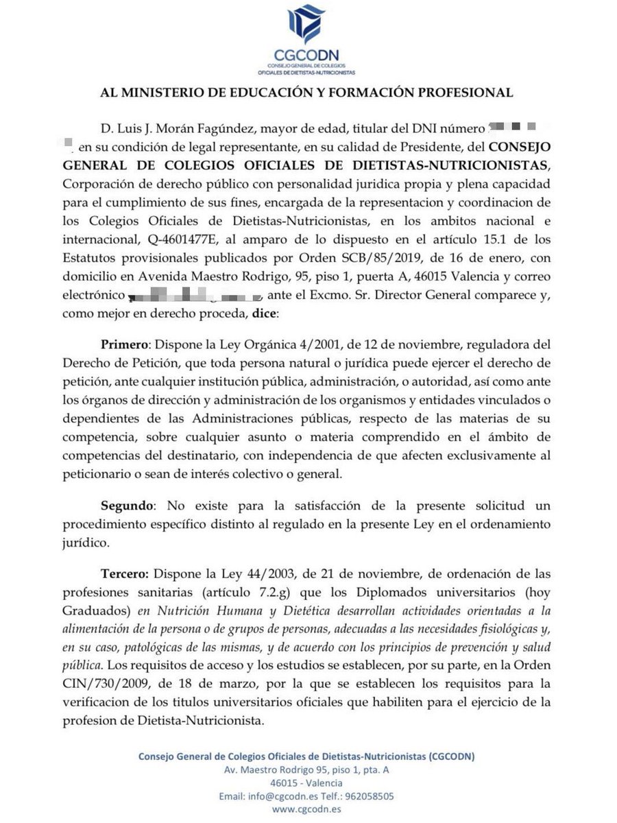 cgcodn's tweet photo. 📩❌ El #CGCODN ha realizado sendos escritos al Ministerio de Educación y al Ministerio de Trabajo solicitando la retirada del curso “Salud, Nutrición y Dietética” por invadir competencias propias de la profesión de dietista-nutricionista https://t.co/lCqrraStjb