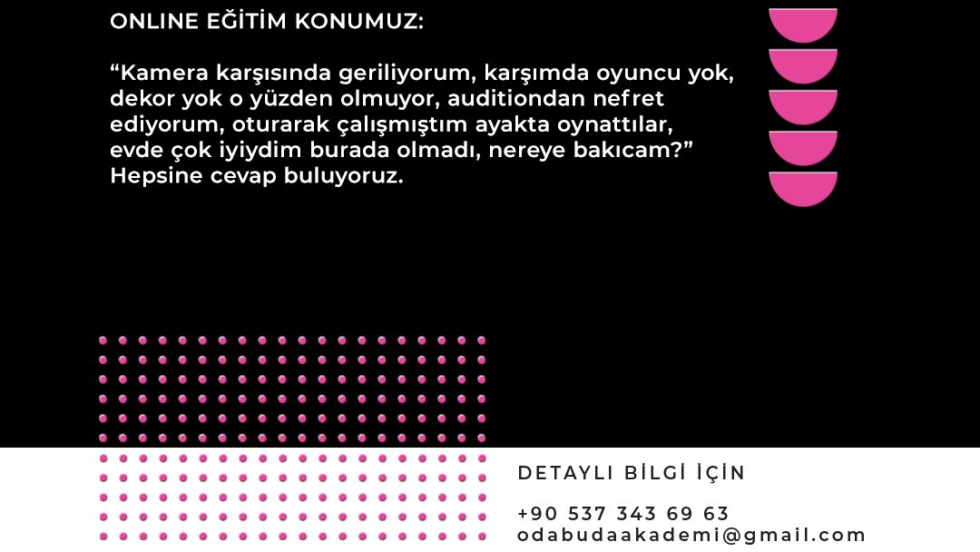 odabudakademi's tweet photo. Odabuda Akademi'de Temmuz ayında online eğitim olarak @fulyafilazi'nin mentorluğunda gerçekleştireceğimiz "Oyunculuk ve Audition Atölyesi" için kayıtlar dolmak üzere acele edin!

#onlineaudition #onlineoyunculuk #workshop #oyunculukatolyesi #kameraonuoyunculuk #onlineegitim https://t.co/la2XF5TGUC