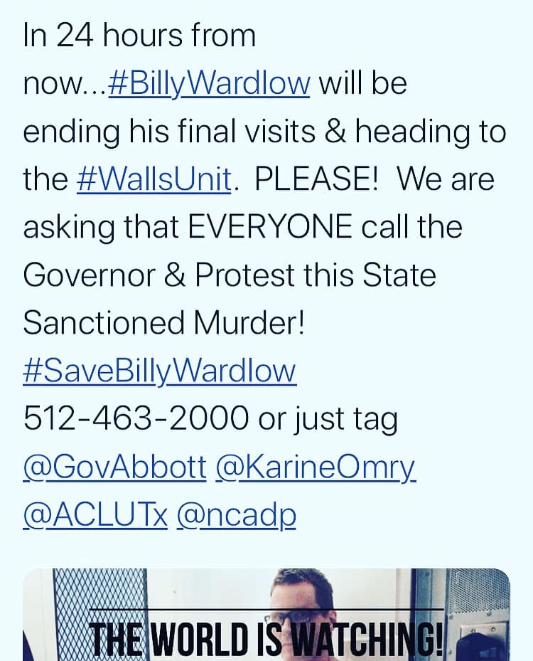 freebilliealle1's tweet photo. LIKES ARE GREAT, BUT BILLY WARDLOW NEEDS YOU TO ACT NOW!!

The only way we can stand up against the death penalty is if we all speak out in unity..   Today, stand up and speak out  for BILLY WARDLOW! Help Stop his execution. 

Call &amp; Email GOV ABBOTT TODAY! https://t.co/0DfYv0p2Uj
