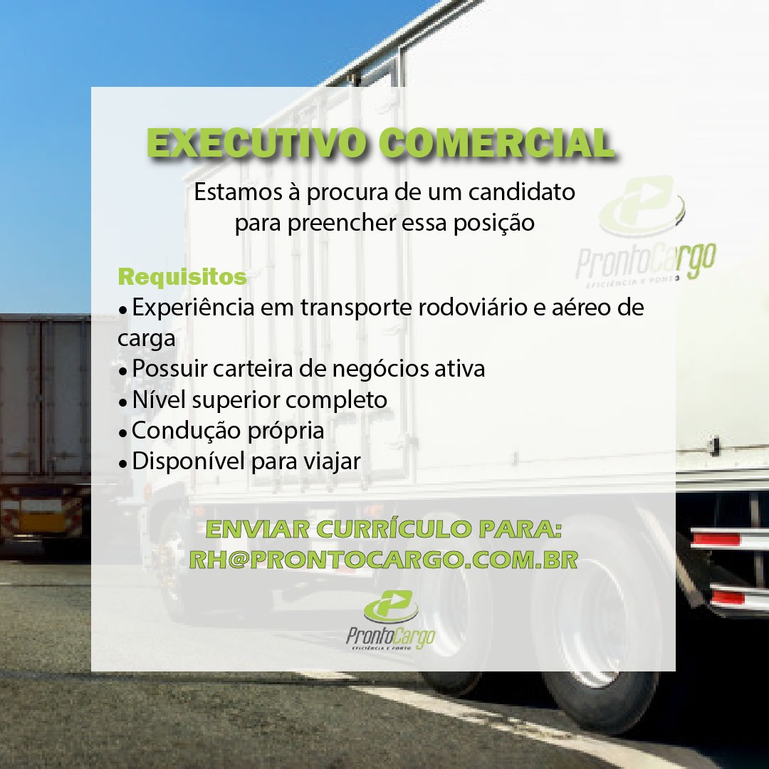 prontocargobr's tweet photo. A Pronto Cargo está com duas vagas abertas para Executivo Comercial para nossa filial em São Paulo.
Os interessados deverão enviar o currículo através do e-mail: rh@prontocargo.com.br

Faça parte desse time que só cresce! #VemProTimeProntoCargo https://t.co/Gcpf2djcxm