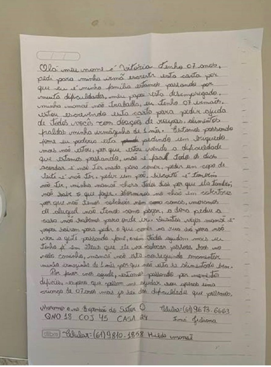 Carta emocionante de menina de 7 anos mobiliza #PMDF e moradores de #Ceilândia! Mesmo sem saber escrever e com a ajuda da irmã, Vitória tocou o coração de todos ao contar sua história! Veja a matéria completa: bit.ly/2ZEM3w8

#solidariedade #amor #doação #Ceilandia