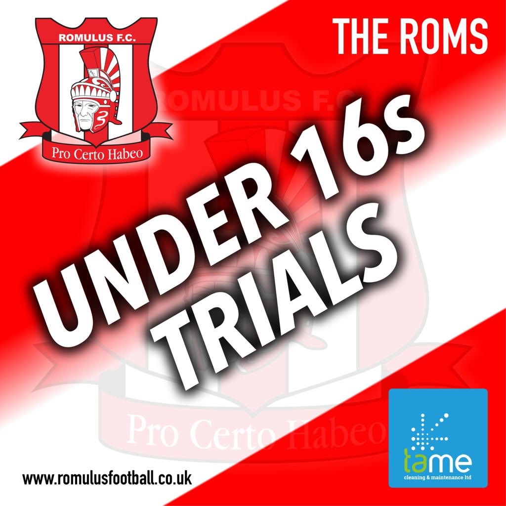 Romulus_fc's tweet photo. U16s TRIALS - The Roms are hosting U16s trials every Thursday at 7pm, in Rectory Park, Sutton Coldfield, B75 7RS. Pre-registering is compulsory,  and strict social distancing guidelines must be adhered to. To book your slot today, please call manager Ronan Gilbert on 07450108006. https://t.co/0ubos7fk97