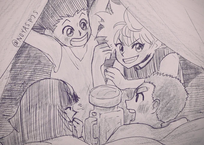 ?????????-#hxh
[ D2 of #platonichxhweek2020 ] 

killugon built the first blanket fort that alluka and zushi ever have been in and told them about all their adventures! Greed Island was alluka's favorite story and zushi really liked the exam ? 