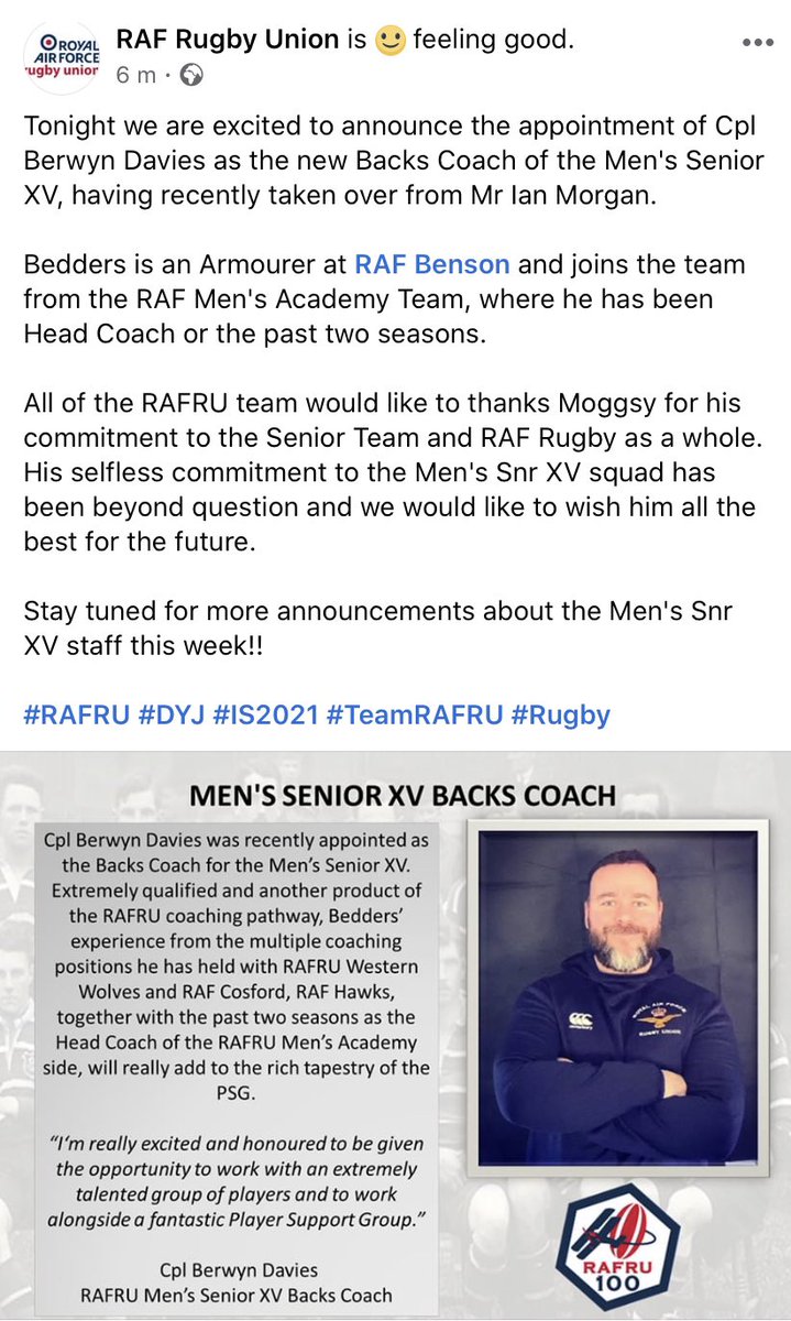 PaulShanksie's tweet photo. Back to the important stuff, with another great appointment as #Bedders joins the @RAFRugbyUnion Senior XV Player Support Group as the Backs Coach #Building #DYJ https://t.co/GaGSQrC5x3
