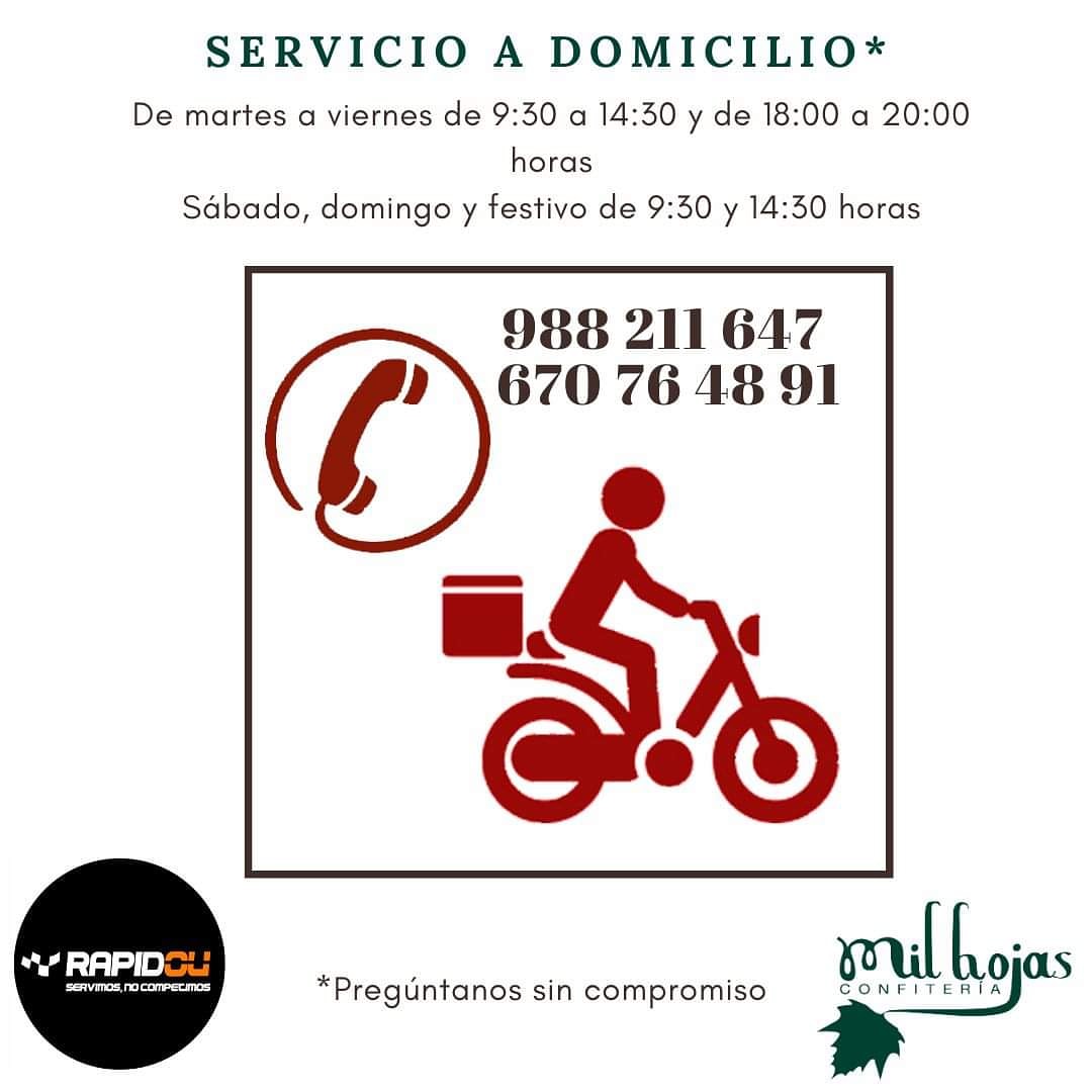 MILHOJASOURENSE's tweet image. Ampliación del horario del servicio a domicilio.

Pedido mínimo 15 €, Coste de la entrega 3 €.

Forma de pago: A través de número de cuenta, bizum, paypal o en el lugar de entrega del pedido.

#pasteleriaartesanal #pasteleriaourense #repartoadomicilio #Ourense #artesanos