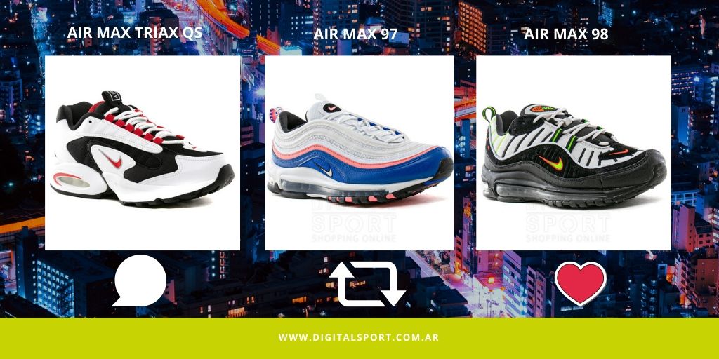 Digital Sport on Twitter: "¿Cuál de estas zapatillas van más con tu estilo? 😉 🗨️Air Max Triax 🔁Air Max 97 ❤️Air Max 98 Conocé más de la colección de Air Max