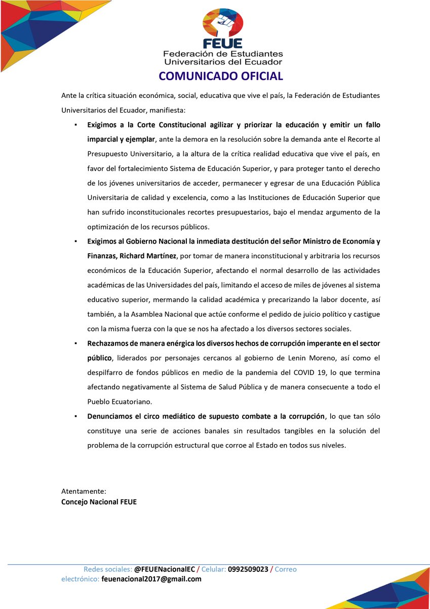 uniprou_ec's tweet photo. #Comunicado

Ante la crítica situación del país y debido a que ha pasado ya un mes y no ha existido resolución de la Corte Constitucional respecto al recorte inconstitucional del presupuesto universitario, expresamos nuestra inconformidad y rechazo. 

#ContigoSomosFEUE https://t.co/sh4beIC7IC
