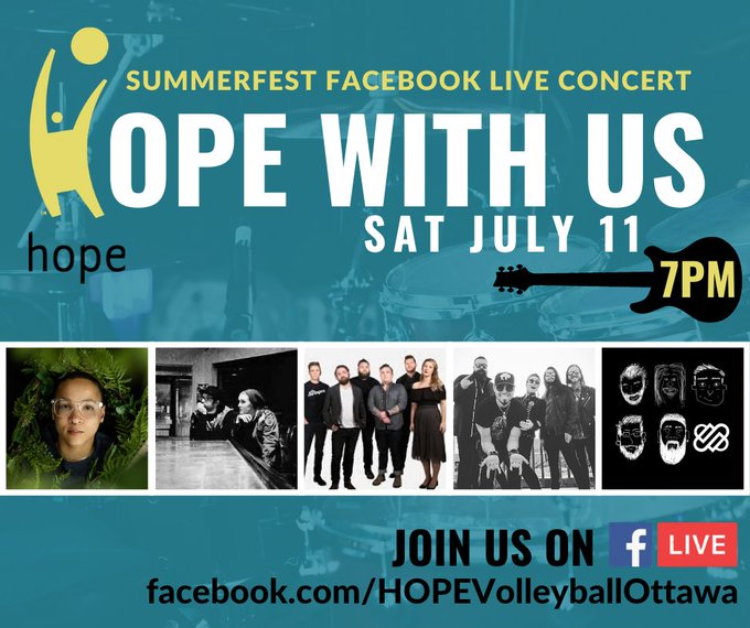 OttawaFestivals's tweet photo. Join @hopevballottawa on JULY 11 for the first Hope Facebook Live Concert! Support 5 Charities and Enjoy music livestreamed to your device! https://t.co/JQ1QeP02Wh
#HopeWithUs #OttMusic https://t.co/H5TJqum7tW