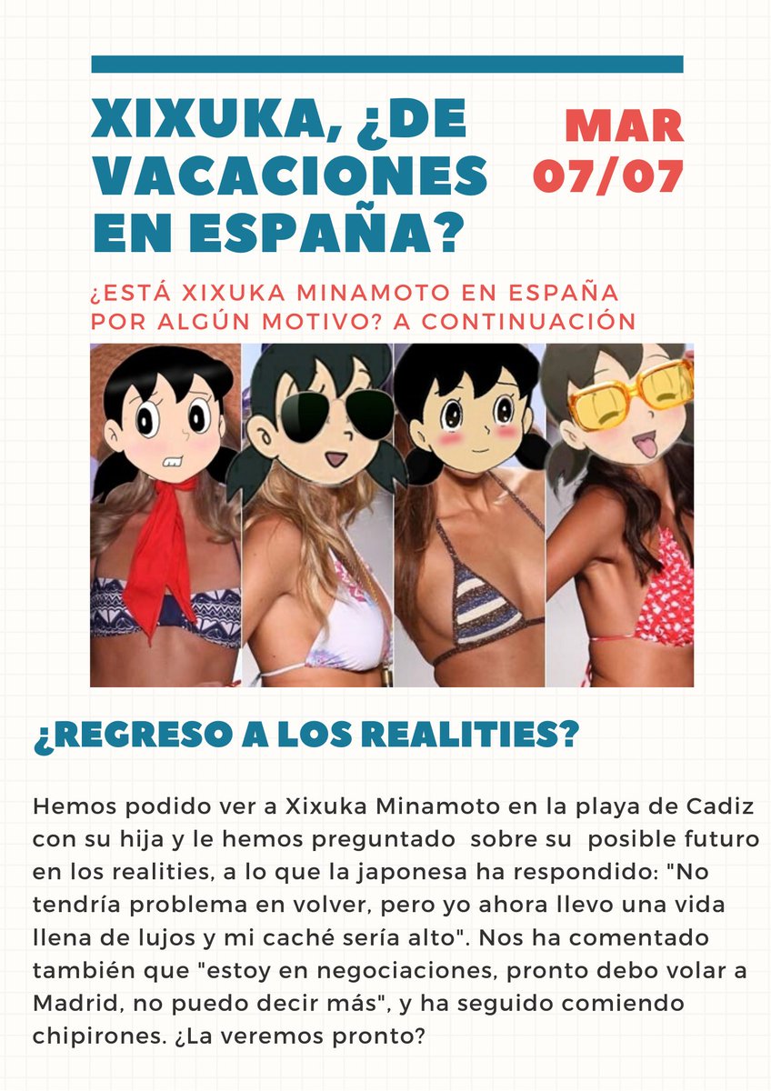XixukaGH's tweet photo. una ya no puede estar tranquila sin que la acosen los paparazzis 😰😰 asi es la vida de una celebrity!! adorada por ESPANA y ENVIDIADA por el MUNDO ENTERO!!!! soy BELLA Y NATURAL denuncien esta revista por favor xixubers os quiero no he dado permiso para esas fotos!!!! https://t.co/CS2gRuJawt