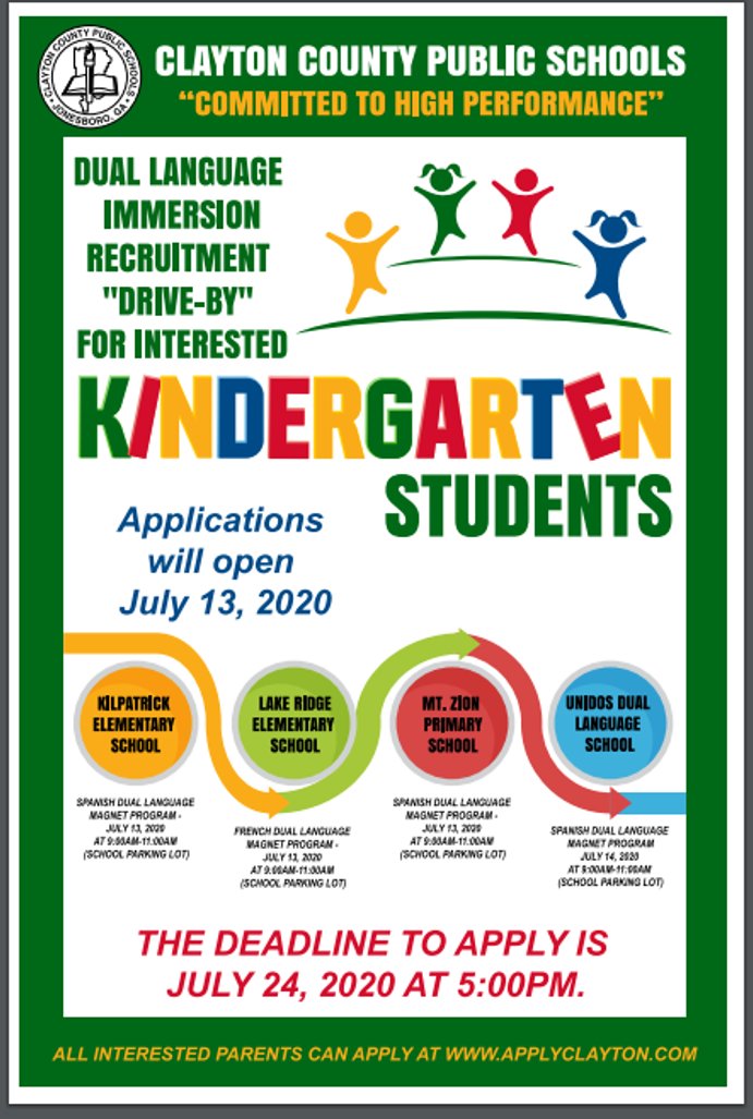 ccpsworldlang's tweet photo. Clayton County Public Schools offers four Dual Language Immersion programs.  If you have a Kindergarten student interested in enrolling, join us at a recruitment event on July 13th or 14th!  @gadoeworldlang @CCPSNews https://t.co/97huqGV2wO
