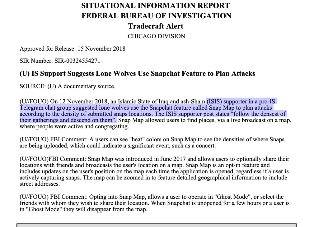 An ISIS supporter allegedly discussed using Snapchat's Snap Maps feature, which shows where people are congregating, to decide attack locations.  #BlueLeaks