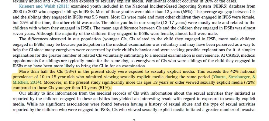 Dalam satu kajian (2019), didapati bahawa kanak-kanak yang melakukan hubungan seksual ke atas kanak-kanak lain (child initiator [CI]), kebiasaannya mereka terdedah kepada pornografi & kandungan seksual menerusi media.