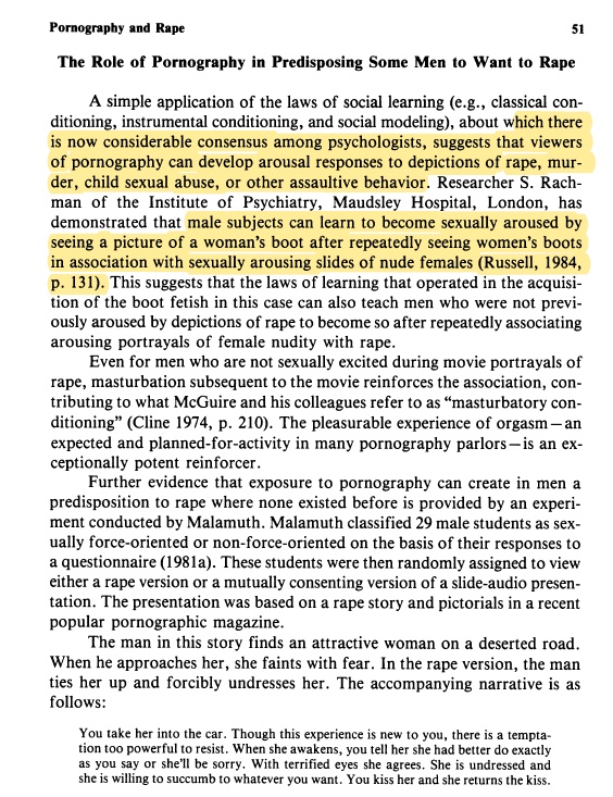 Kajian psikologi pada tahun 1988, menunjukkan bagaimana pornografi boleh menjejaskan daya tahan nafsu seksual lelaki, mengakibatkan mereka lebih cenderung untuk melepaskan tempias nafsu mereka (i.e rogol, gangguan seksual).