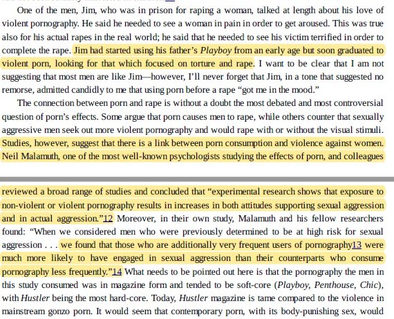 Dalam kajian lain yang ditulis oleh seorang feminis, dinyatakan bahawa natijah pornografi adalah menormalisasikan suasana wanita akan diperlakukan dengan ganas
