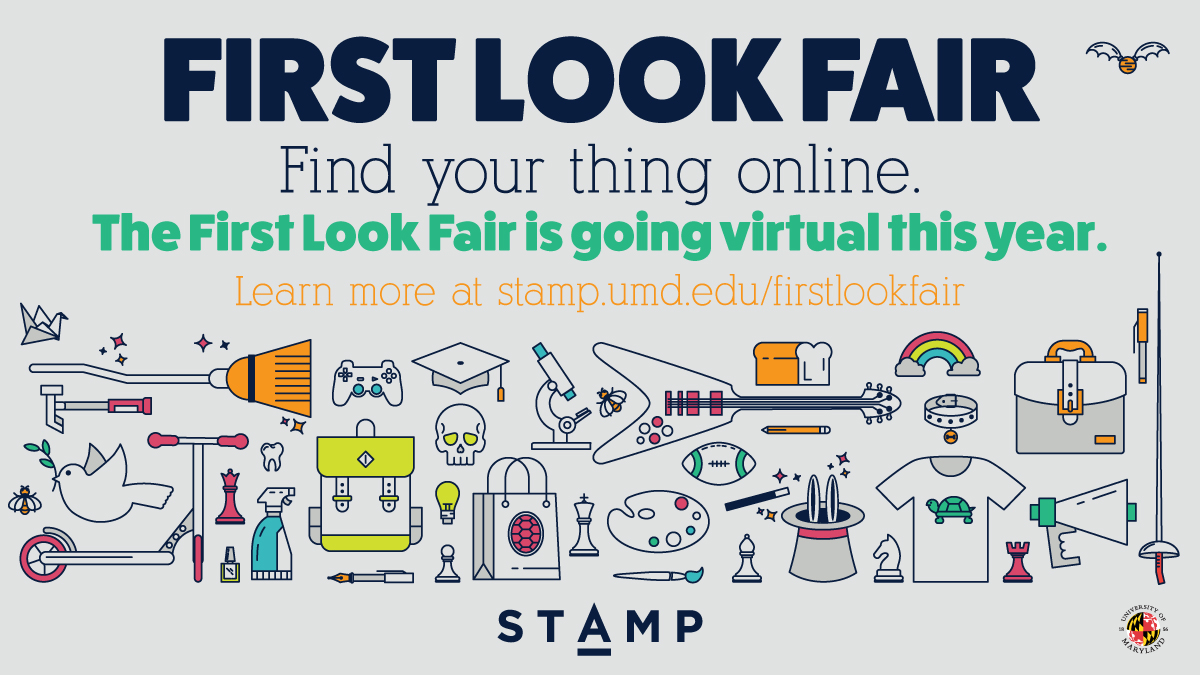 thestampumd's tweet photo. We're excited to help you find your thing again this fall—safely. Which is why this year's #FirstLookFairUMD will be held virutally. More info & announcements will be available at https://t.co/0UvLCNtvIL as details are finalized.
#STAMPisHERE #FirstLookFair #UMDFirstLookFair https://t.co/JrKceyvHSq