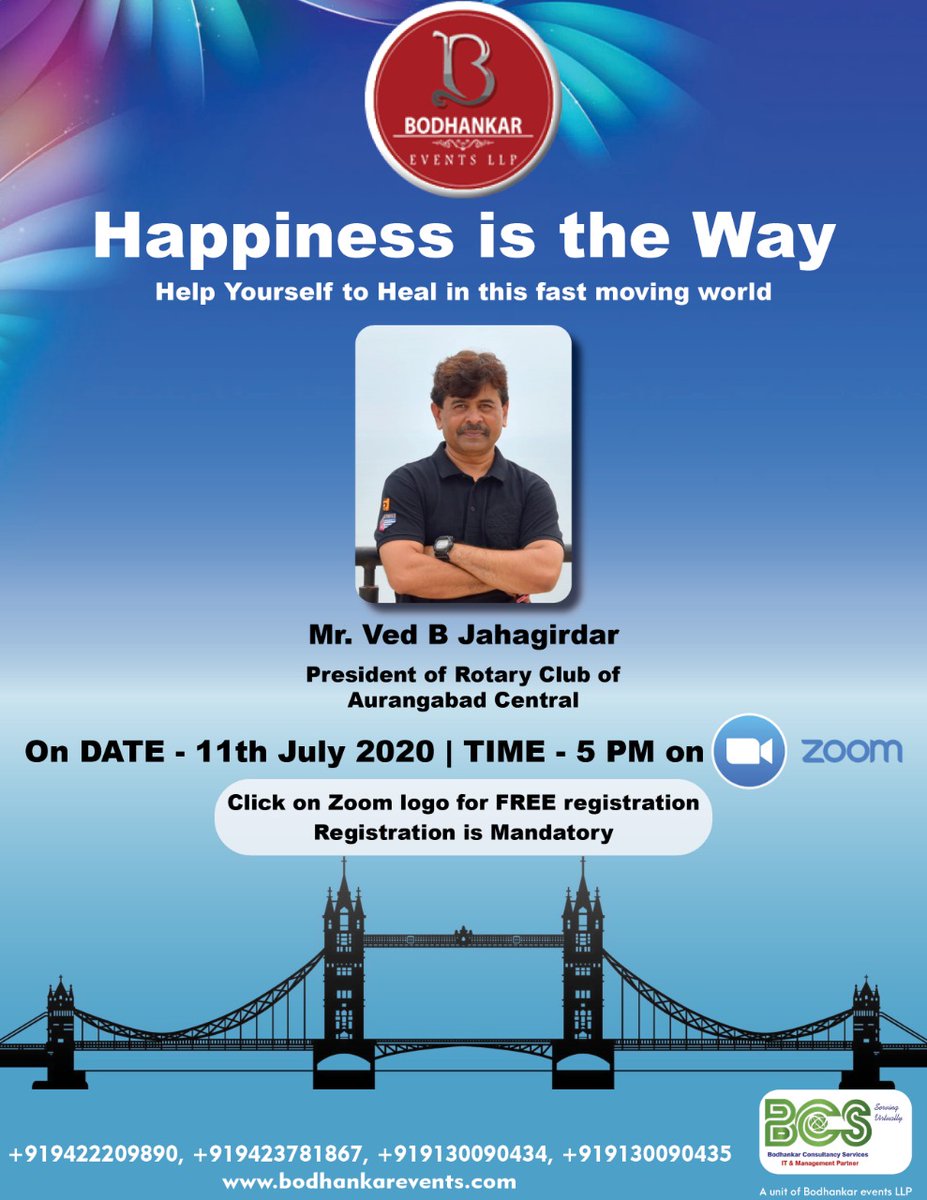 This Saturday get to know more about #Happiness_is_the_Way - #Help #Yourself_to #Heal_in_this_fast_moving #World  #NewNormal by #Mr_Ved_Jahagirdar #Educating #Community #BCS #Bodhankarevents #Webinar For Registration click  
us02web.zoom.us/meeting/regist…
See you &amp; #Fightwithcorona