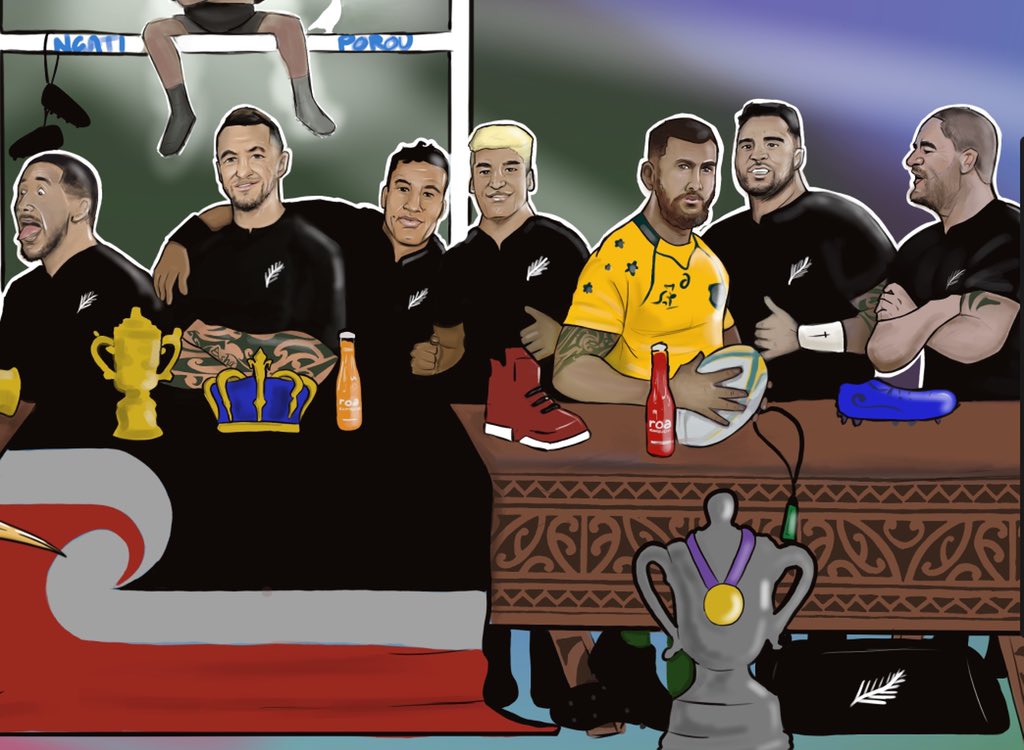 NepePere's tweet photo. 𝐓𝐇𝐄 𝐇𝐔𝐈 • 

#thelastsupa #thelastsupper #carlosspencer #theking #aaroncruden #meanmaorimean #maoriartist #allblacks #maorilegends #maorirugby #rugby #georgenepia #procreate #tinorangatira #kombucha https://t.co/bpKWpcB74m