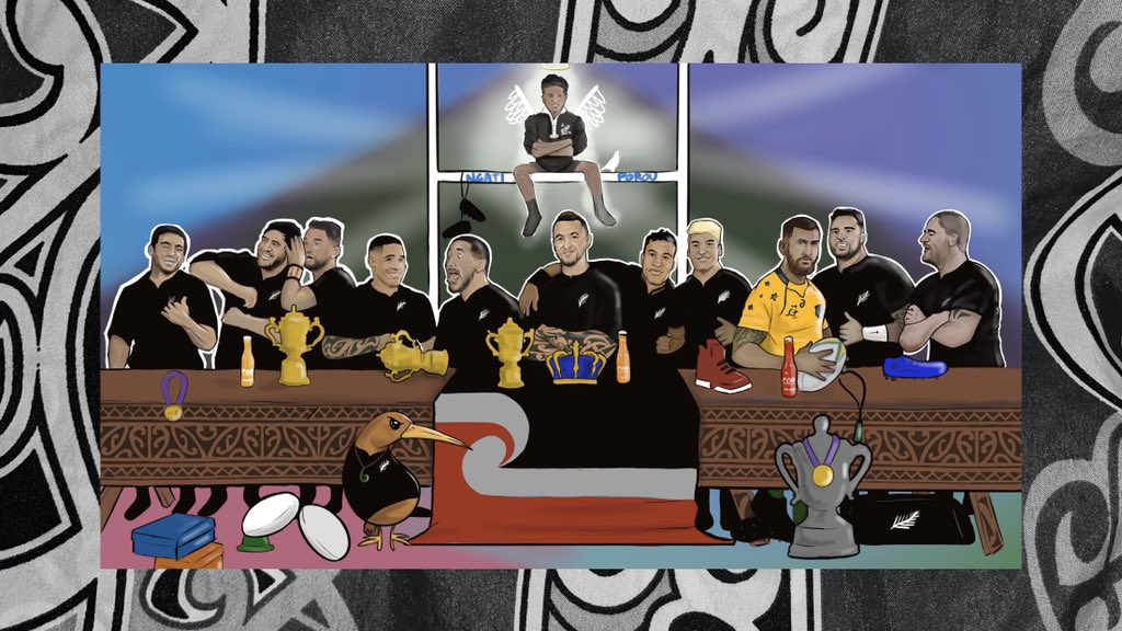 NepePere's tweet photo. 𝐓𝐇𝐄 𝐇𝐔𝐈 • 

#thelastsupa #thelastsupper #carlosspencer #theking #aaroncruden #meanmaorimean #maoriartist #allblacks #maorilegends #maorirugby #rugby #georgenepia #procreate #tinorangatira #kombucha https://t.co/bpKWpcB74m