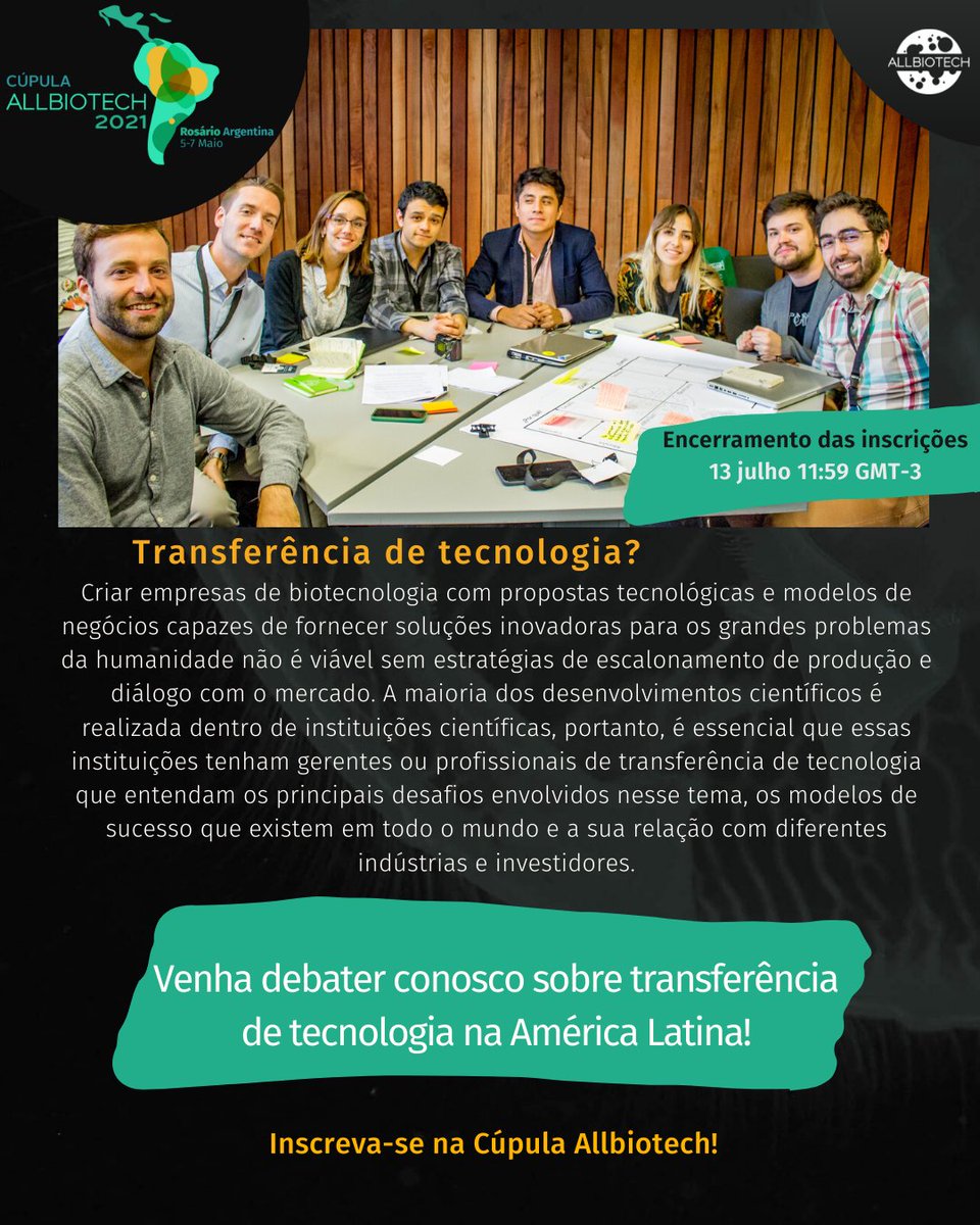 Estamos ansiosos para trabalhar com você e # preencher a lacuna que nos separa dos principais países em transferência de tecnologia.

Você soma?

Lembre-se de que as inscrições são encerradas em 13 de julho às 11:59 GMT-3
📍 Ligações e bases em allbiotech.org