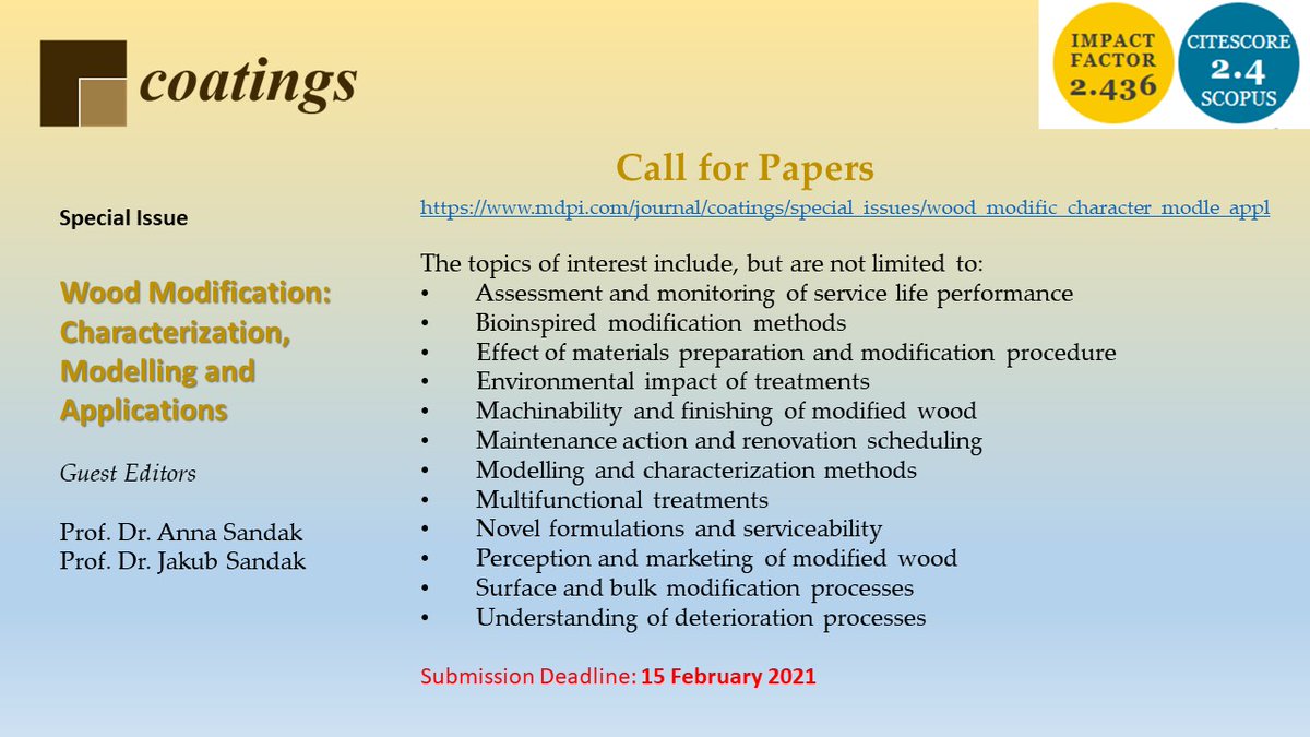 InnoRenewCoE's tweet photo. 📣Call for submissions📣

Special Issue "Wood Modification: Characterization, Modelling and Applications" in the #openaccess journal 
@MDPIOpenAccess  Coatings.

Submission information ⬇️ https://t.co/c9Dpj0uzz8
#modwood #wood #biobased https://t.co/OA6KQFKahs