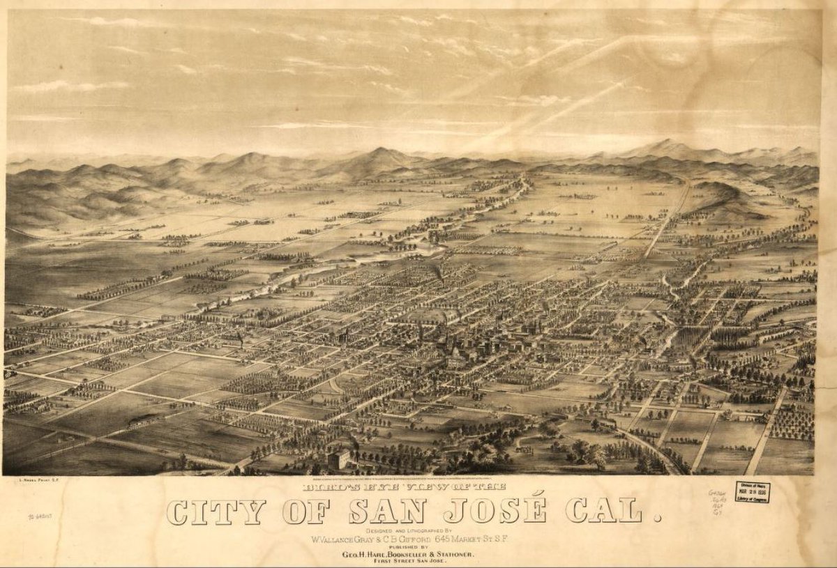 LOCMaps's tweet image. Check out this bird's eye view of San Jose #California made in 1869 when the population was about 9,000. Now it is the 10th largest city in the United States!

Zoom in on the details here: go.usa.gov/xfxet