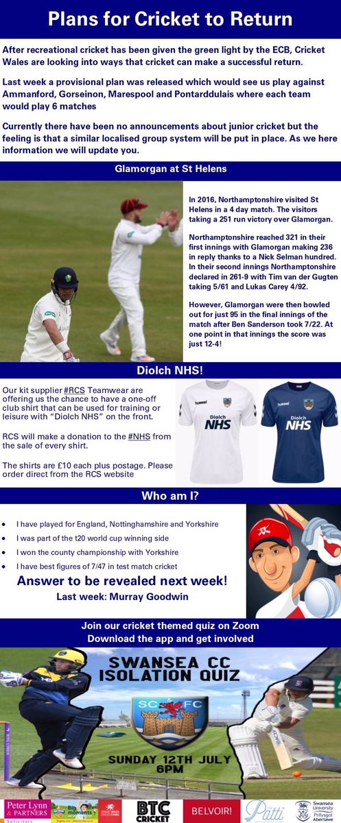 SwanseaCricket's tweet photo. Issue 10- Members Newsletter 

🔹2019 - Stats

🔹Player profiles - @haden_thomas3 and @DavidRe41386932 

🔹Quiz winners B Wadlan, Rupert, Dean

🔹Training update

🔹Swansea CC Supporting the NHS 

🔹Who am I❓Section.

⚪️🔵🦢🏏 https://t.co/ZCvtDlblik