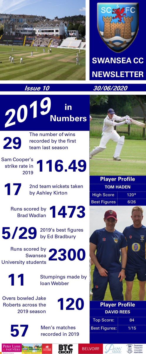 SwanseaCricket's tweet photo. Issue 10- Members Newsletter 

🔹2019 - Stats

🔹Player profiles - @haden_thomas3 and @DavidRe41386932 

🔹Quiz winners B Wadlan, Rupert, Dean

🔹Training update

🔹Swansea CC Supporting the NHS 

🔹Who am I❓Section.

⚪️🔵🦢🏏 https://t.co/ZCvtDlblik