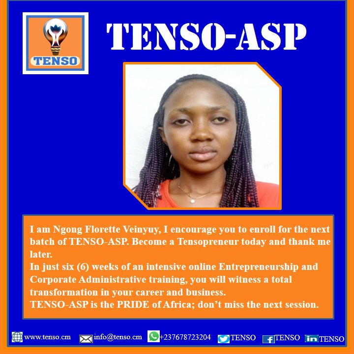 tensebaschool's tweet photo. Hello,I am Ngong Florette Veinyuy, a tensopreneur of TENSO-ASP. Following the first week of training as a, it is a great privilege to be part of this wonderful program. Thanks so much to the entire TENSO team. 
Call/WhatsApp 678723204 now to take part in the training. https://t.co/6GO8vuSdJ0