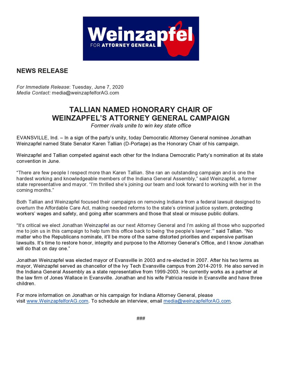JDWeinzapfel's tweet photo. Breaking News: @TallianforIN Named Honorary Chair of Weinzapfel’s Attorney General Campaign https://t.co/51Q1kaptMy