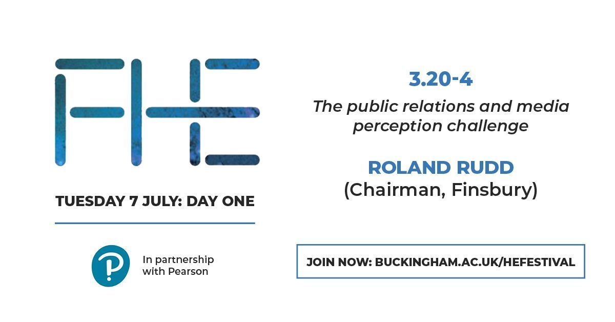 UniOfBuckingham's tweet photo. @RolandRudd joins us at 3.20pm to discuss 'The public relations and media perception challenge'. Tune in now: https://t.co/DNsr2RjiEZ @PearsonHEUK @HEFestival #hefestival2020 https://t.co/hm3KpsrXoa