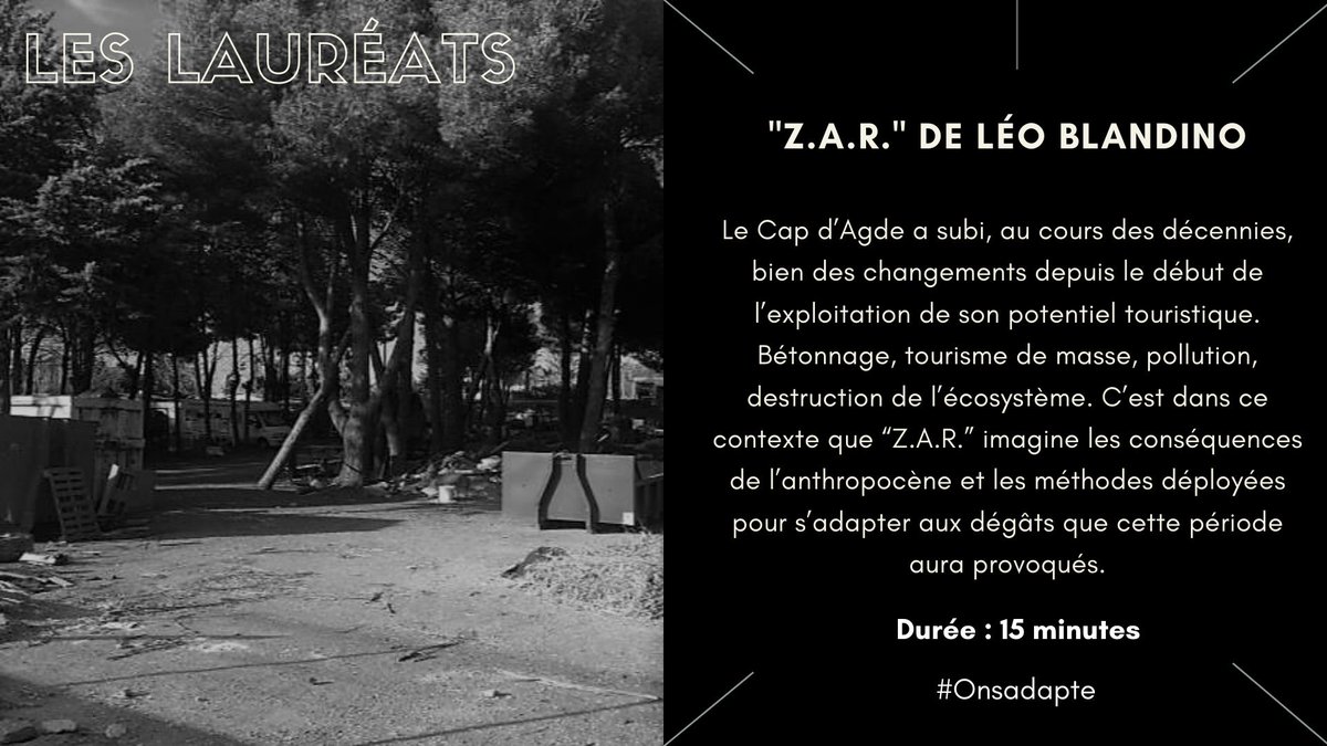 Nos lauréats :

"Z.A.R."

Sivens et Klampio sont deux militaires en charge de la protection de la Zone à Réparer du Cap d'Agde, où l’armée s’assure que la biodiversité s’y régénère. Mais il semblerait que tous les deux ne soient pas là seulement pour protéger la nature.
