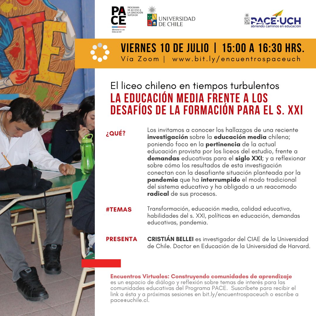 ciae_uchile's tweet photo. Encuentro virtual del programa #PaceUCH @uchile: ¿Cómo los hallazgos del libro "El Liceo en Tiempos Turbulentos", editado por investigadores de CIAE, conectan con la desafiante situación planteada por la pandemia?  👉Inscripciones en: https://t.co/eCWzfHOZCO https://t.co/MHSZ7KLgVg