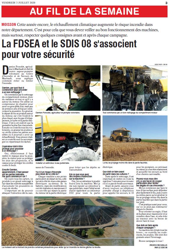 sdis08's tweet photo. #PréventionFeuxAgricoles Le @sdis08 et la @08Fdsea s'associent pour la sécurité des agriculteurs. Damien PONCELET, agriculteur, officier sapeur-pompier volontaire, chef du #CIS #Machault, donne quelques consignes à respecter avant et après chaque campagne. https://t.co/hOVzyGQYmO