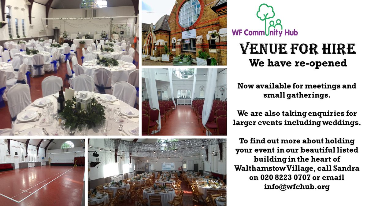 WF Community Hub is open!!  General public welcome by appointment only.  We are available currently for socially distanced meetings.  Large gatherings are not permitted as yet, we await govt guidance but we are taking enquiries for weddings; parties etc.  So glad to be back.