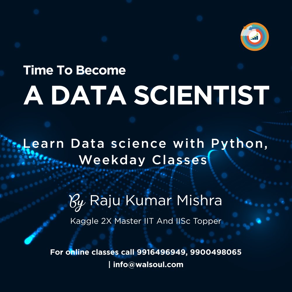 Surendr00843891's tweet image. Walsoul Training Institute.
#OnlineDataSciencecourse, Learn Data Science with #Python from #Kaggle Master 2X Raju Kumar Mishra IIT and IISc Topper. For more information please call on 9916496949, 99004 98065, mail - info@walsoul.com
Instagram: instagram.com/walsoulpvtltd/