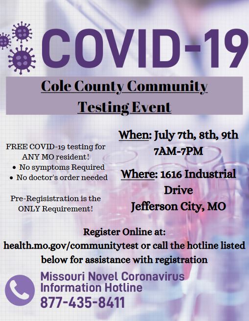 Healthiercole's tweet photo. The COVID-19 community testing starts today in Cole County. Pre-registration is required and it is located at the old Health Department at 1616 Industrial Drive. https://t.co/XQm73mpziS