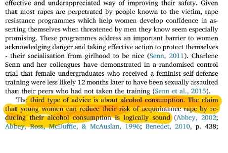 Bahkan ada sebahagian feminis sendiri berkata (2019), golongan wanita perlu dinasihatkan agar merendahkan kadar minuman alkohol mereka kerana wujudnya hubung kait erat antara alkohol dan gangguan seksual.