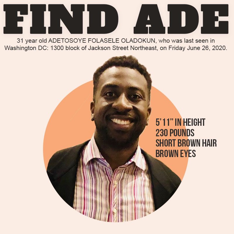saint_CHuBBZ's tweet photo. A homie from the FAMU family has gone missing. He was last seen in Washington DC. 1300 block of Jackson Street Northeast, on Friday June 26, 2020.

#FindAde https://t.co/0ESNCiXpBx